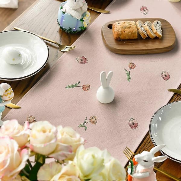 Pink Bunny Eucalyptus Tulips Easter Table Runner 13x72 Inch Spring Floral Kitchen Dining Decor Easter Party Table Decoration (FMY)