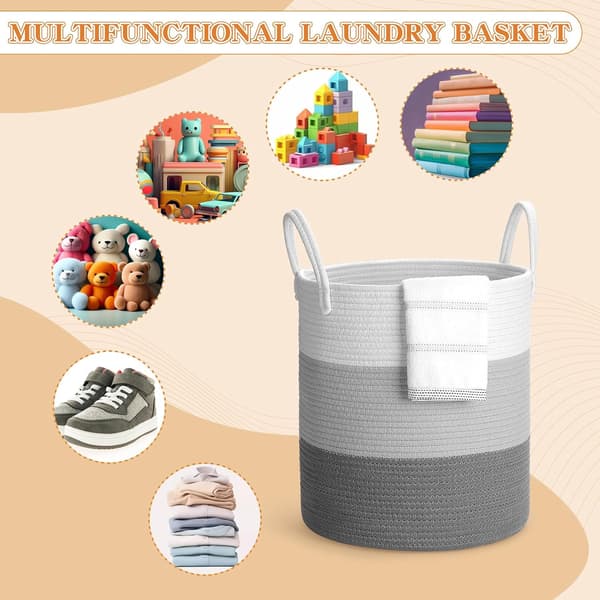 Large Laundry Basket, Foldable Laundry Hamper, Storage Basket with Handles, Cotton Rope Laundry Basket, Grey