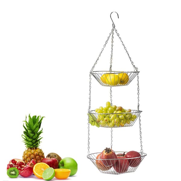 Hanging Metal Vegetable Basket Kitchen Hanging Basket as 3-Piece Set, silver