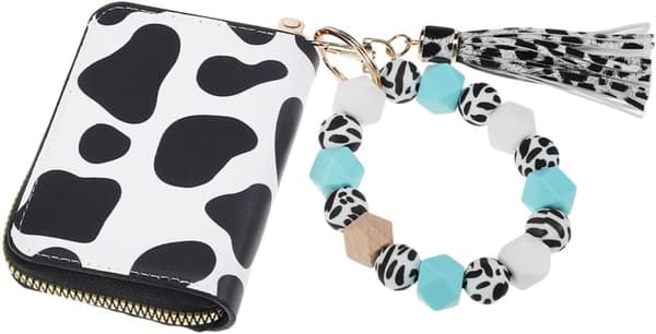 Cow Pattern Card Holder Wallet with Zipper and Keychain Pouch