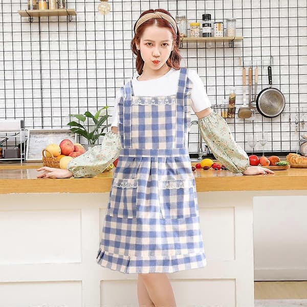 Dameforkle med lommer, forkle med smekke for matlaging, baking, grilling og hagearbeid (blå)