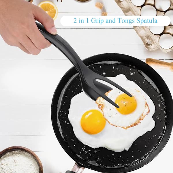 1 stk silikon eggtangvender spatel, silikon eggspatel 2-i-1 grep og vend spatel (svart)