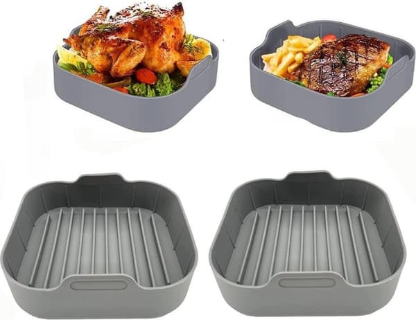 Silikon Bakeformer for Airfryer Sett med 2 - 20 cm - Grå - Kurvform - Gjenbrukbart Alternativ til Papir