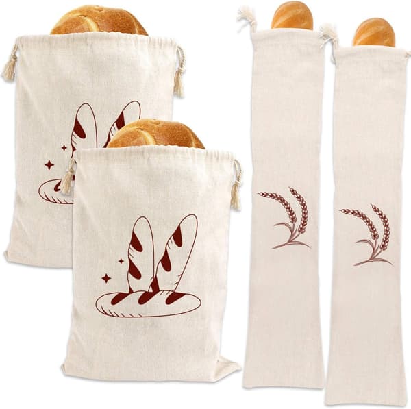 Sæt med 4 linnedbrødposer med snøre - Stofbrødpose til brød, baguette - 2 stk (30 x 40 cm) + 2 stk (14 x 60 cm)