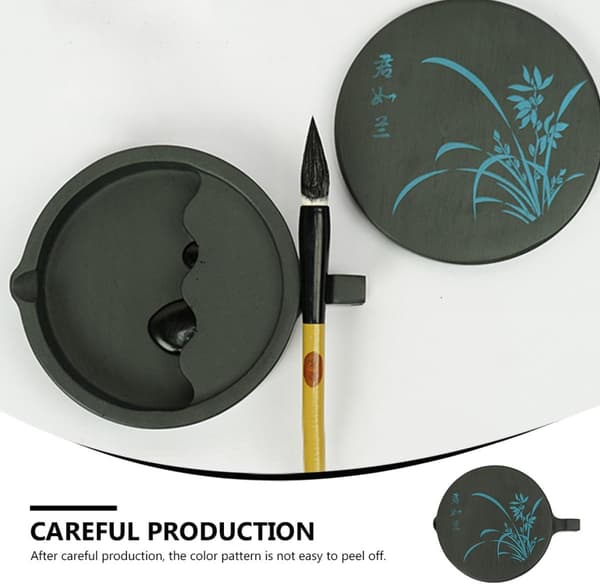 4-inch Fish-shaped Calligraphy Inkstone with Orchid Pattern, Traditional Natural Stone Ink Accessory