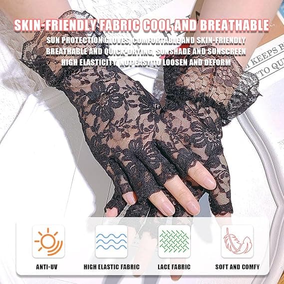 Korte blondehandsker til kvinder, solbeskyttende fingerløse brudeblondehandsker elegante sommerhandsker til bryllupsmiddage, sort