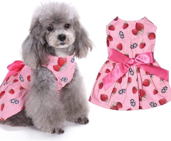 Cute Dog Dress with Strawberry Pattern and Bow Decoration, Durable and Practical, Size M