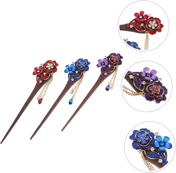 3 st hårnålar i etnisk stil, hårknutssticka med blomdesign för lockigt håraccessoarer