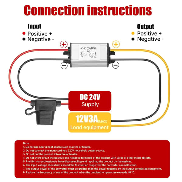 DC 24V til 12V 3A 36W Omformer - Vanntett IP68 Spenningsregulator - Transformator for Bil, Gaffeltruck, Lastebil