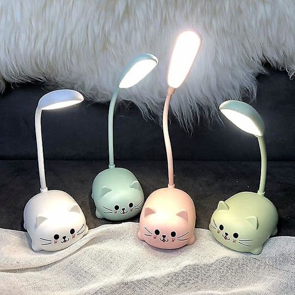 Søt Katte LED Skrivebordslampe - Fleksibel Arm, USB Oppladbar, Øyebeskyttelse (Hvit) Hvit White