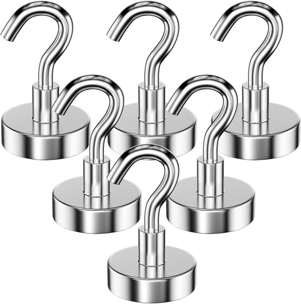 6 Pieces 25MM Magnetic Hook 22KG Pull Force, Removable Powerful Magnetic Hooks, Neodymium Hooks