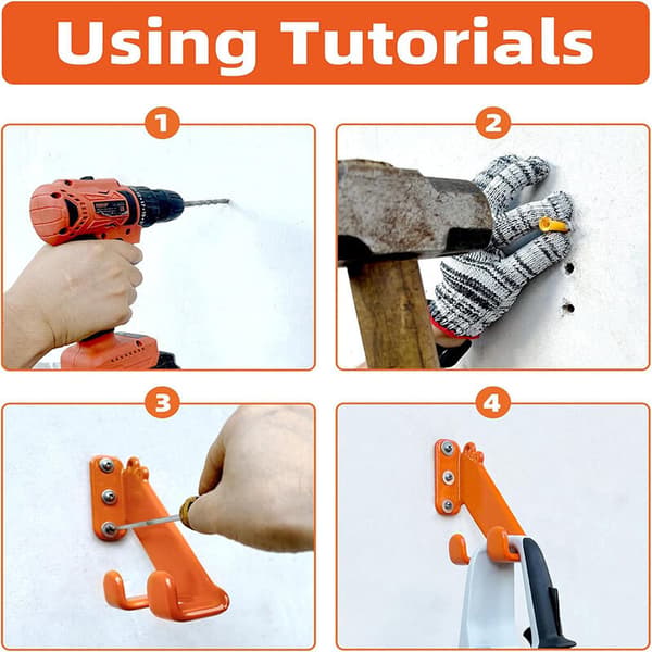 Wall-mounted bracket for brush cutter. Optimized storage for garden tools. Rust-resistant coating. Compatible with chainsaws and hedge trimmers.