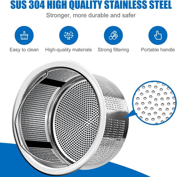 Set of 2 Sink Strainers with Handle, Stainless Steel, Clog-Free, for Bathroom Sinks, Integrated Design - Rust-Proof and Dishwasher Safe