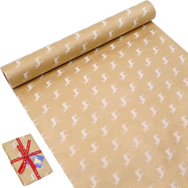 1 Rulle Julpapperspaket, 43cm x 15M Stor Rulle Presentpapper Återvinningsbart Kraftpapper Tryckt med Älg för Presentinslagning