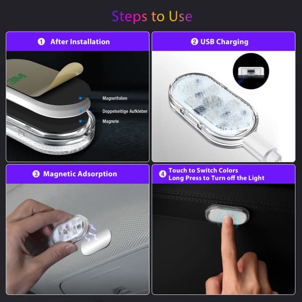 2 RGB bil interiørlys, touch-switch, med USB-port