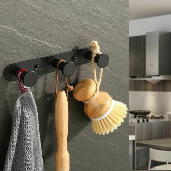 Wall Mounted Clothes Hanger with Towel Hooks, Screw Mounted Wall Mounted Towel Rack for Bathroom and Kitchen, Matte Black Stainless Steel Finish