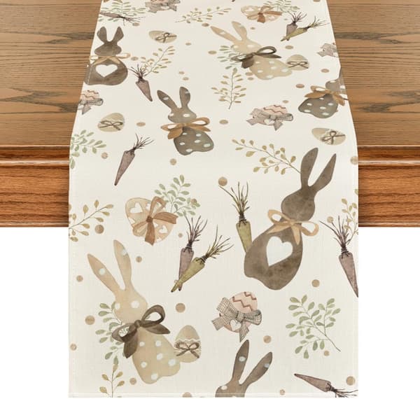 Patterned Rabbit Eucalyptus Egg Carrot Easter Table Runner, Seasonal Spring Kitchen Table Decoration for Home Party Decor 33×183cm