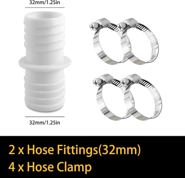 Set med 2 x 32 mm slangkopplingar med 4 slangklämmor i rostfritt stål, vit, dubbeladapter för pool