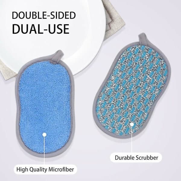 6-pack Tvättbara och återanvändbara disktrasor, mikrofiberskrubbsvampar, disk- och kökssvampar dubbelsidig repborste, blå