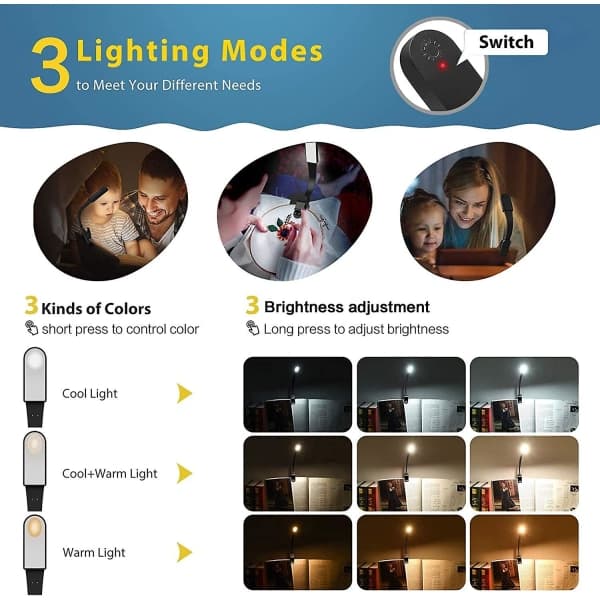 Book Light, USB Rechargeable Reading Light with Touch Sensor, Reading Lamp with 3 Adjustable Eye-Care Modes, Flexible Clip on Book Light Fo