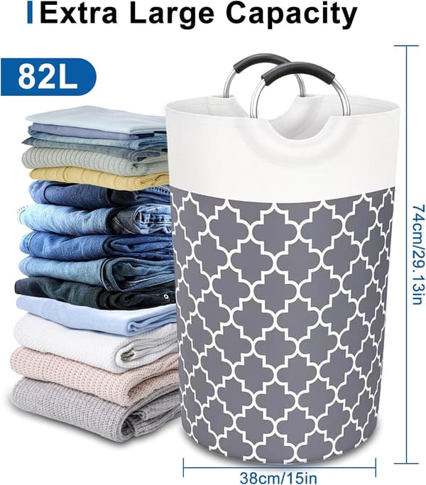 Laundry Basket, 82L Large Waterproof Foldable Dirty Laundry Hamper, Laundry Basket for Bathroom Grey Grey