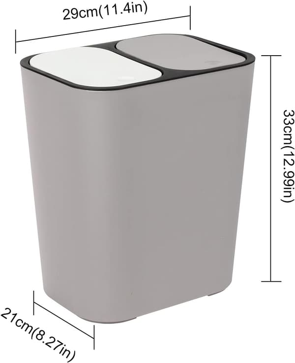 Double Recycling Bin Storage Box Container Rectangle Plastic Push Button Dual Compartments for Kitchen Office Home Grey
