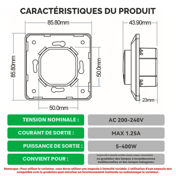 220V LED-dimmerbryter, 5-400W roterende innfelt dimbar LED-dimmerbryter for monokrome LED-lamper