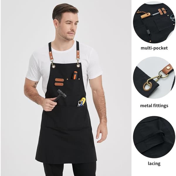 Black canvas aprons, work aprons for men and women, chef aprons with adjustable strap and 3 pockets
