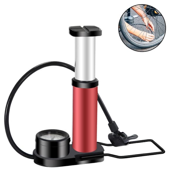 Cykelpump fotpump med tryckmätare 140PSI | Mini bärbar | Röd