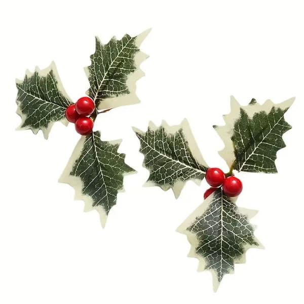 50-pack konstgjord julstjärna med triangulära blad och små röda bär, perfekt för att dekorera julgranar och presenter.