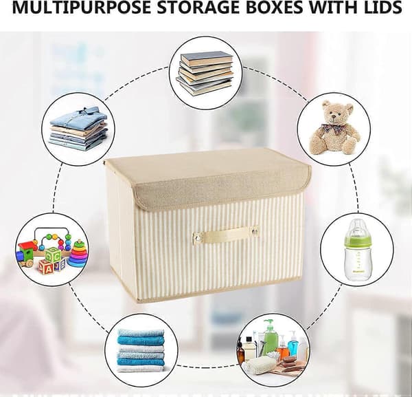 Large Foldable Storage Boxes with Lids, Linen Fabric Storage Bins for Clothes, 3-Pack Toy Box for Towels, Books, Yellow Stripes