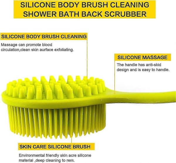 Long Handle Silicone Bath Brush, Bath Brush with Extra Soft Bristles, Double-Sided Brush with Massage Function, Green