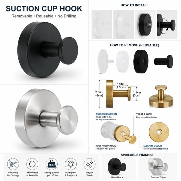 Stainless Steel Suction Cup Hook, Traceless, No Drilling, for Kitchen Bathroom, T-shaped Black