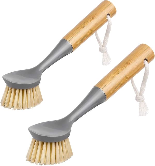 Diskborste med bambuhandtag och inbyggd skrapa, skurborste för kastruller, grytor, rengöring av diskho, 2-pack