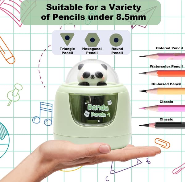 Electric Pencil Sharpener for Kids, Heavy Duty Helical Blade Sharpener, Two Power Modes, Removable Silicone Shell (Panda)