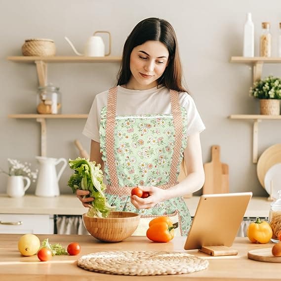 Kjøkkenforklær for kvinner, blomstrete forklær kokk bakerforkle matlagingsforkle med doble lommer for matlaging baking hagearbeid