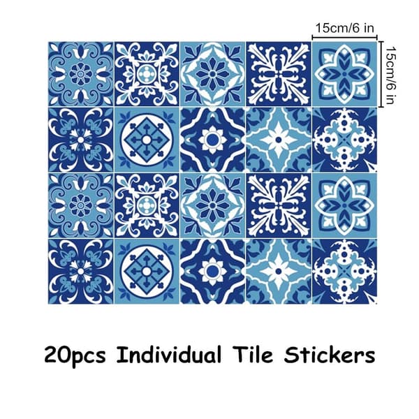 20 Pieces Blue and White Moroccan Tile Stickers, Self-Adhesive Tile Decals for Kitchen and Bathroom (15cm x 15cm)