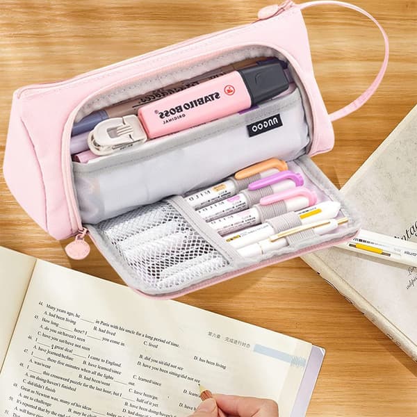 Pencil Case, Portable Pencil Case, Multi-Compartment Pencil Bag, Pink