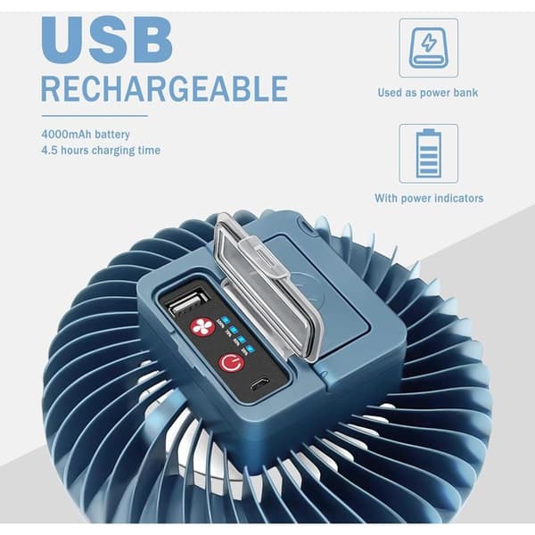 1-delt LED-campinglampe med USB-genopladelig ventilator, campingventilator med lys, teltlygte, tilbehør til udendørs camping