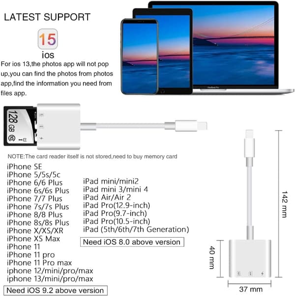 SD/Micro SD-kortleser for telefon/Pad Plug and Play, SD-minnekortadapter med samtidig lesing og lading