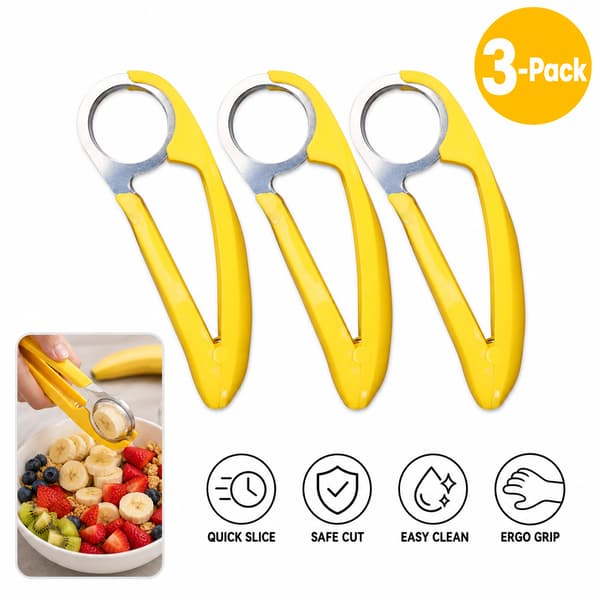 3-pack bananskärare och frukthackare för snabb köksförberedelse, gul gul yellow
