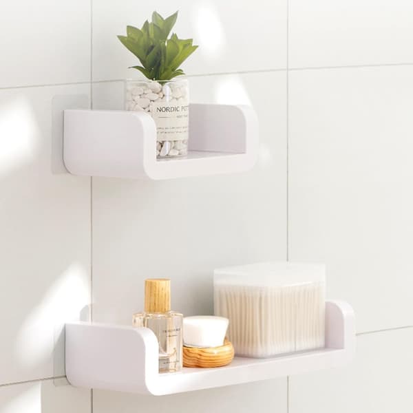 2 Pcs Wall Mounted Plastic Shelves, White Floating Shelf 17/32 cm, White Wall Shelf, No Drilling, Compatible Bathroom Kitchen
