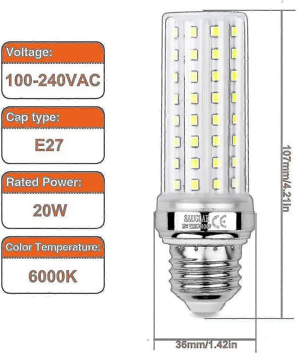 20w LED Corn Bulb, Equivalent to 150w Incandescent Bulb, 6000k Cool White, E27 Edison Screw Bulb, 3 Pack