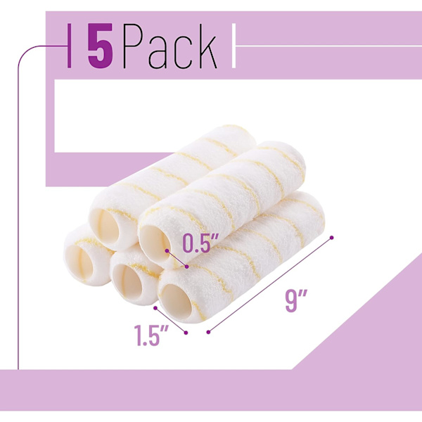 Paint Roller Covers, 9 Inch Roller Covers, 5-Pack, Paint Roller Sleeves, Paint Roller Brush Naps, Roller Nap