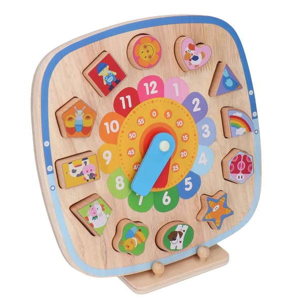 Shape Sorting Clock Wooden Block Natural Rubber Wood Safe Smooth Edge Learning Clock for Kids Education Time Learning