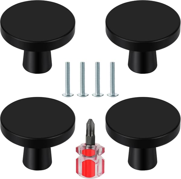 4 pcs Door Knobs, Furniture Knobs in Black, Round Cabinet Knobs, Drawer Knobs in Black, Kitchen Door Handles