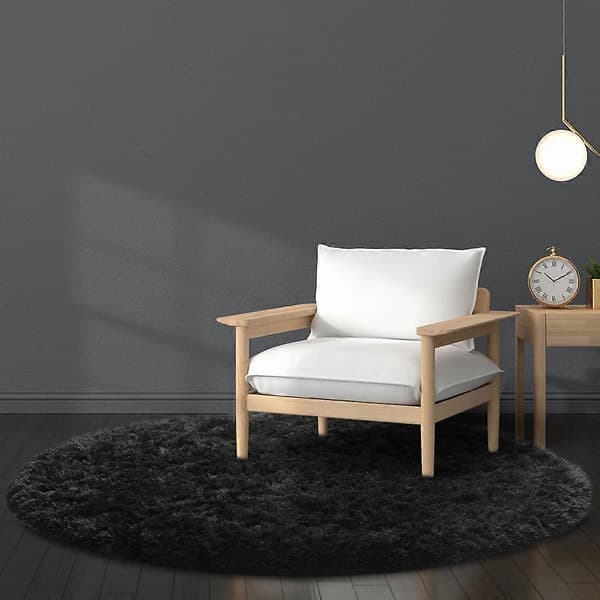 Wekity Diameter 80 cm/31,5\" ensfarvet rundt tæppe, blødt plys skridsikkert tæppe, fluffy tæppe (sort)