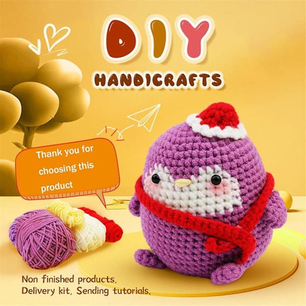 DIY Pingvin Hæklesæt med Garn Nåle Plysdukke Let (Lilla)