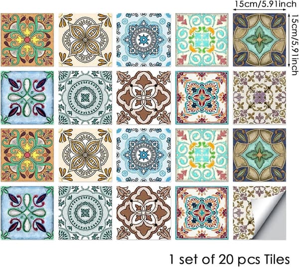 Self-adhesive tile stickers, 20 pieces, 15x15cm, waterproof PVC for kitchen and bathroom