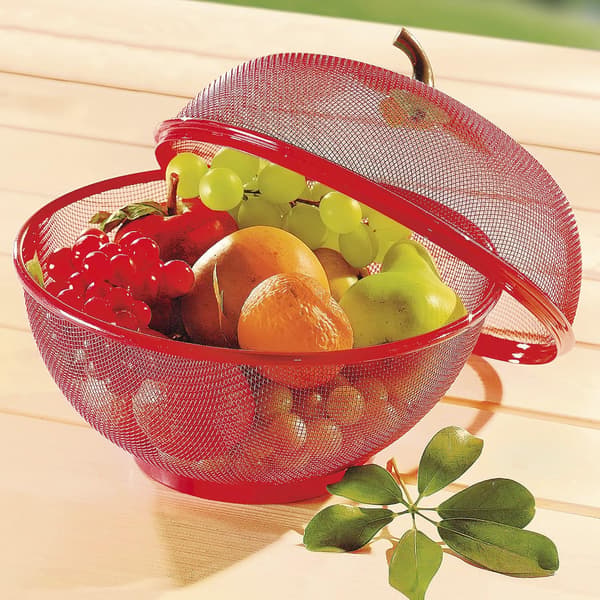 Apple-shaped fruit basket with net and lid, countertop vegetable storage, keeps pets and insects away, kitchen, drain basket (red) Red Red